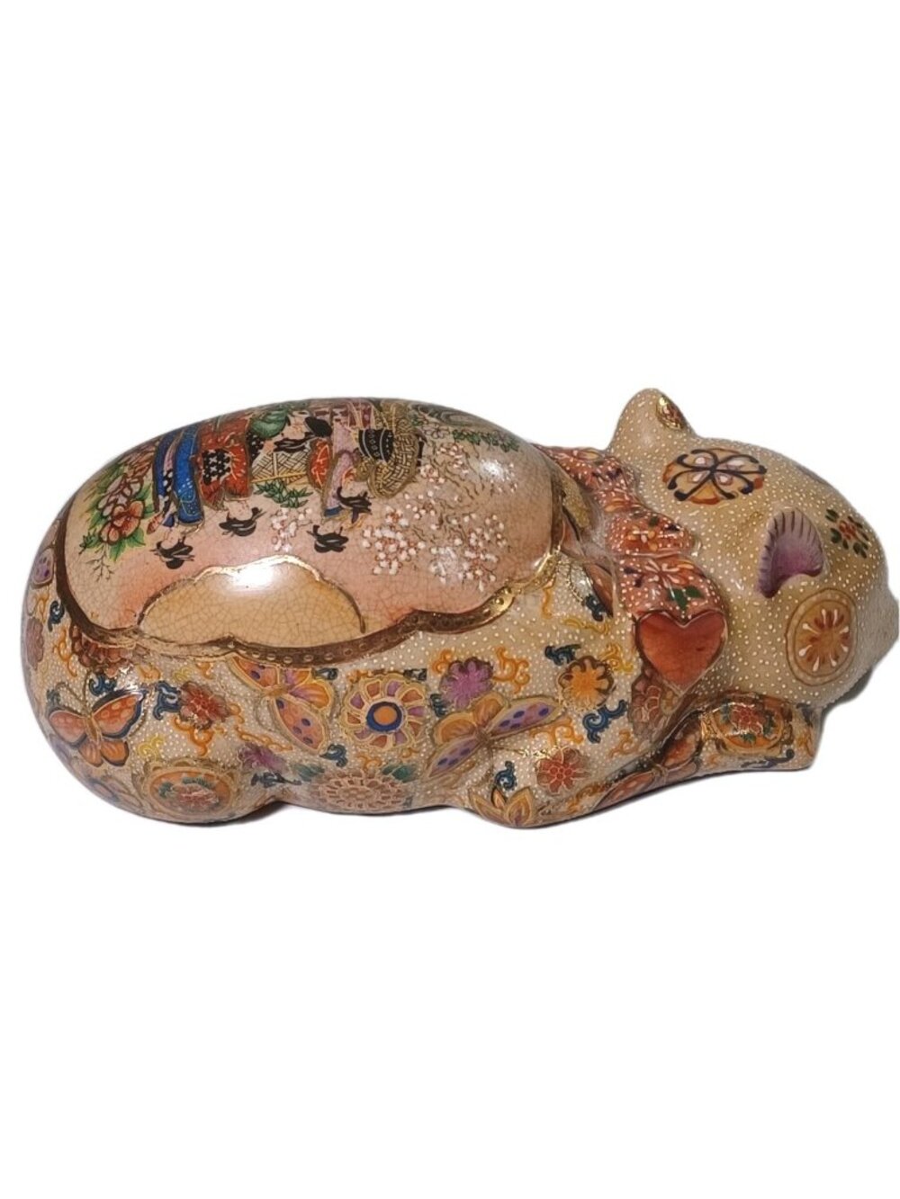 Vintage Japanese Satsuma Sleeping Cat Cloisonne Moriage Gold Accents Geishas But - Picture 8 of 12